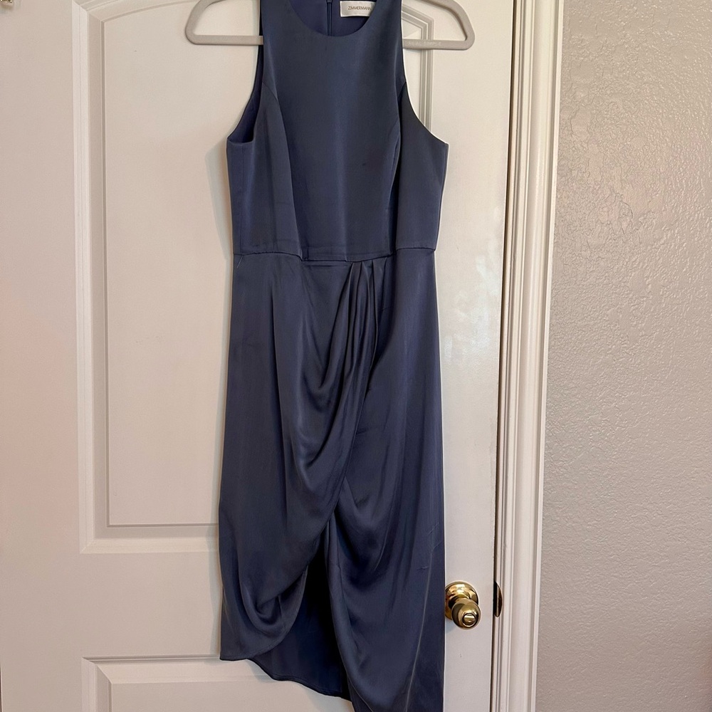 Zimmermann Navy Slate Silk Asymmetrical Sleeveless Dress